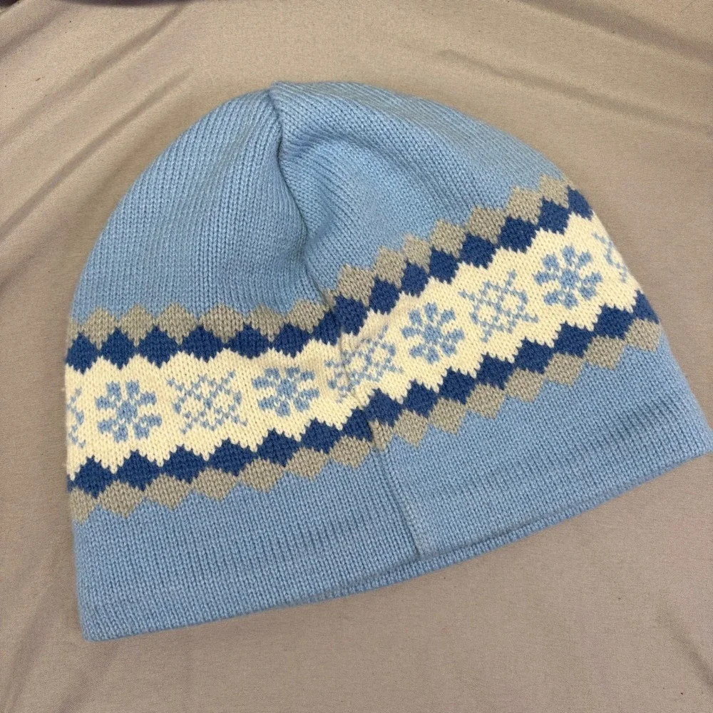 The North Face Kids‎ Blue Fair Isle Snowflake Knit Fleece Lined Beanie Hat OS